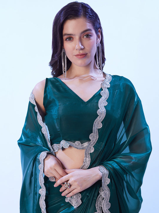 Teal Satin Jimmy Choo Saree With Designer Lace And Unstitched Blouse