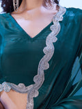 Teal Satin Jimmy Choo Saree With Designer Lace And Unstitched Blouse