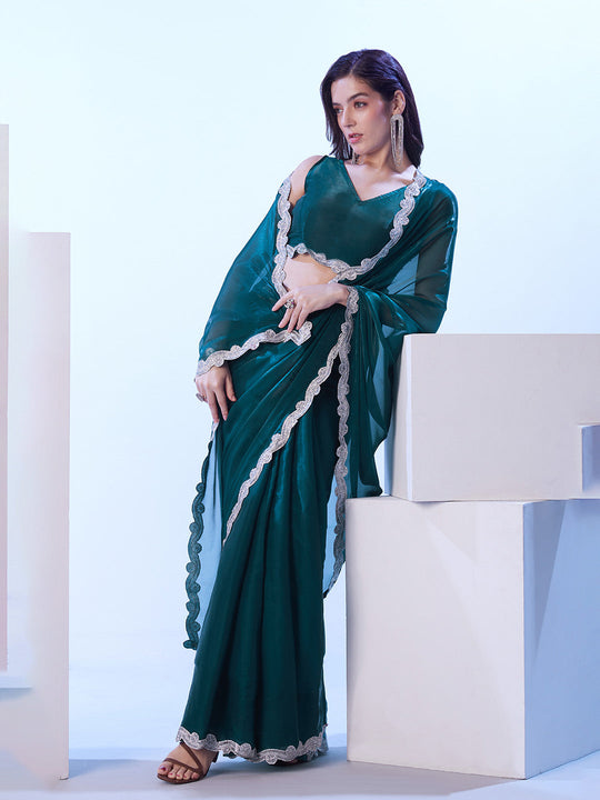 Teal Satin Jimmy Choo Saree With Designer Lace And Unstitched Blouse