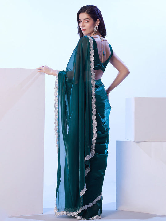 Teal Satin Jimmy Choo Saree With Designer Lace And Unstitched Blouse