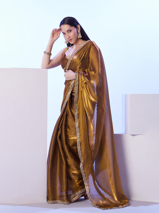 Gold Satin Jimmy Choo Saree With Designer Lace And Unstitched Blouse
