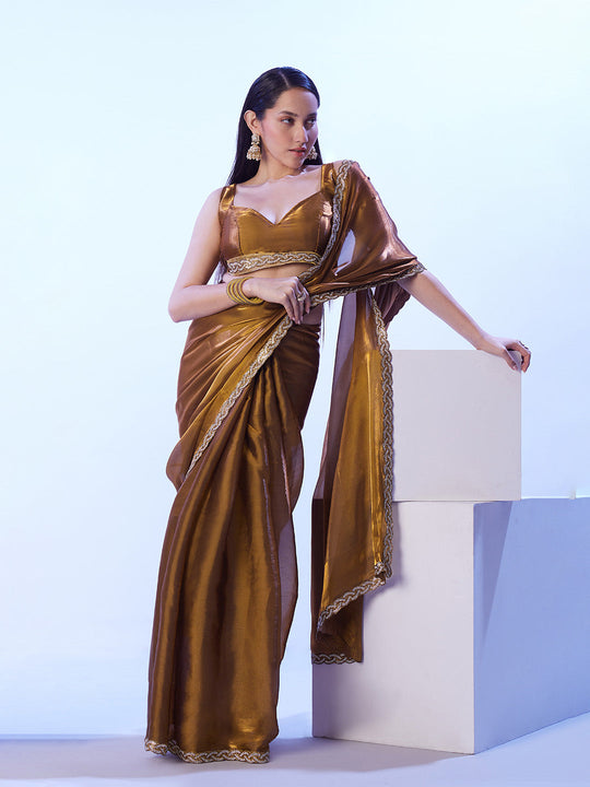 Gold Satin Jimmy Choo Saree With Designer Lace And Unstitched Blouse