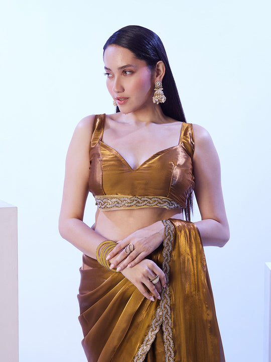 Gold Satin Jimmy Choo Saree With Designer Lace And Unstitched Blouse