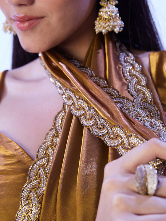 Gold Satin Jimmy Choo Saree With Designer Lace And Unstitched Blouse