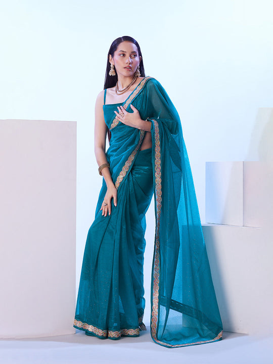 Turquoise Blue Heavy Super Net With Designer Lace And Unstitched Blouse