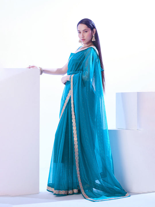 Turquoise Blue Heavy Super Net With Designer Lace And Unstitched Blouse