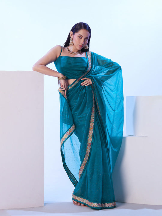Turquoise Blue Heavy Super Net With Designer Lace And Unstitched Blouse