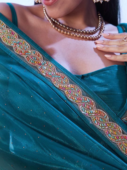 Turquoise Blue Heavy Super Net With Designer Lace And Unstitched Blouse