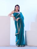 Turquoise Blue Heavy Super Net With Designer Lace And Unstitched Blouse