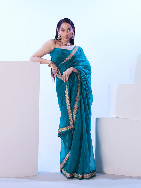 Turquoise Blue Heavy Super Net With Designer Lace And Unstitched Blouse