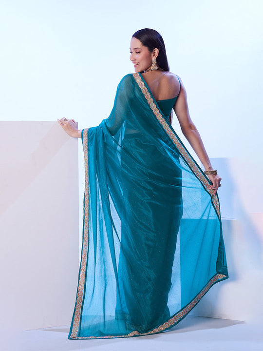 Turquoise Blue Heavy Super Net With Designer Lace And Unstitched Blouse