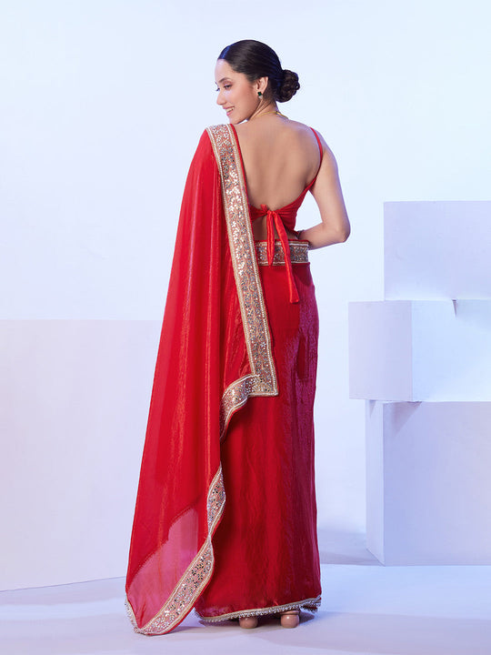Red Satin Jimmy Choo Saree With Designer Lace And Unstitched Blouse