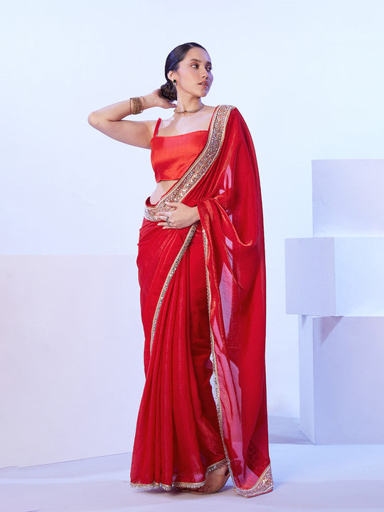 Red Satin Jimmy Choo Saree With Designer Lace And Unstitched Blouse