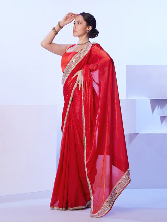 Red Satin Jimmy Choo Saree With Designer Lace And Unstitched Blouse