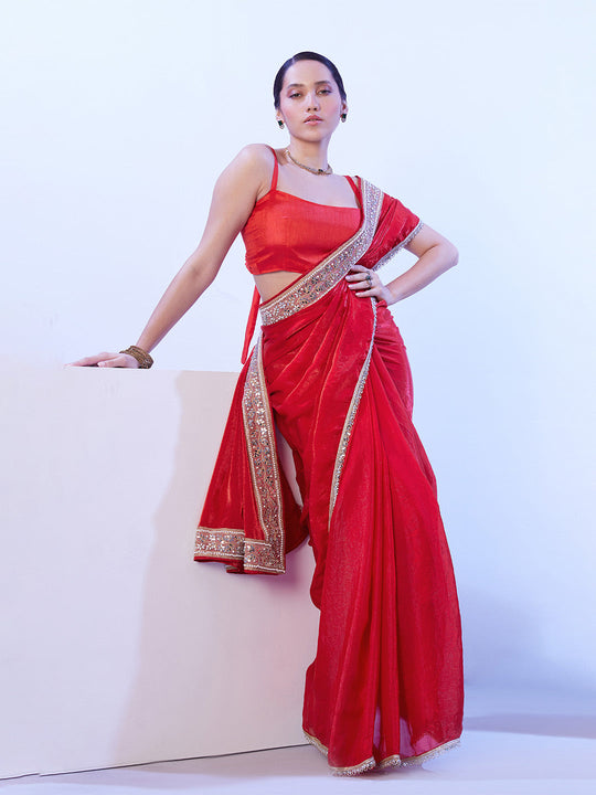 Red Satin Jimmy Choo Saree With Designer Lace And Unstitched Blouse