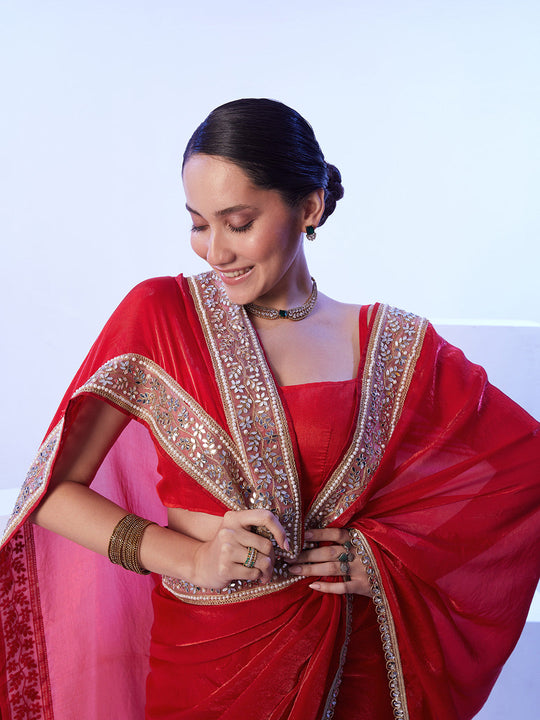Red Satin Jimmy Choo Saree With Designer Lace And Unstitched Blouse