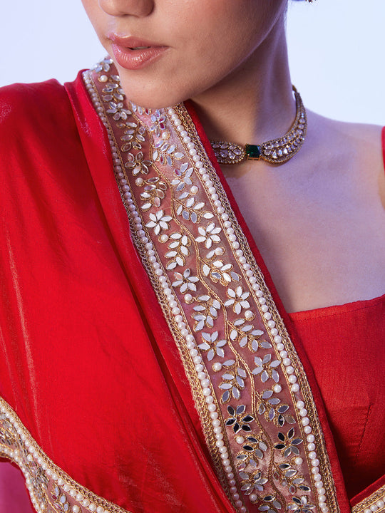 Red Satin Jimmy Choo Saree With Designer Lace And Unstitched Blouse