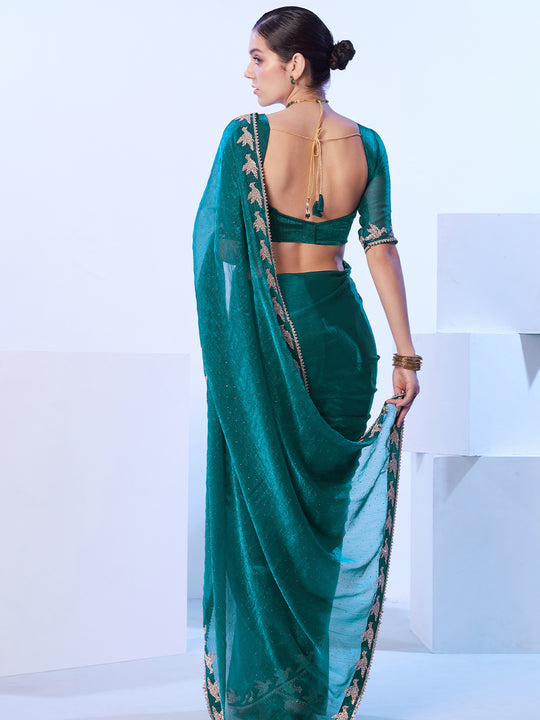 Teal Embellished Beads And Stones Organza Designer Saree
