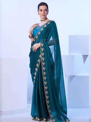 Teal Embellished Beads And Stones Organza Designer Saree