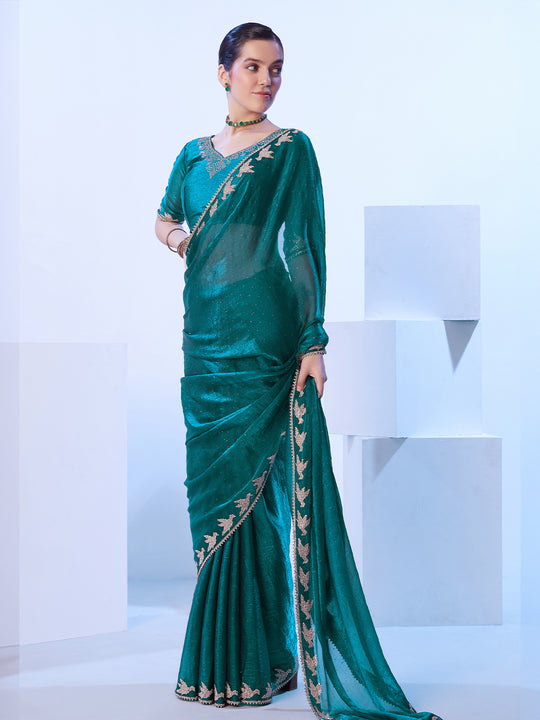 Teal Embellished Beads And Stones Organza Designer Saree