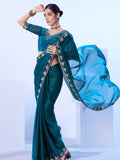 Teal Embellished Beads And Stones Organza Designer Saree