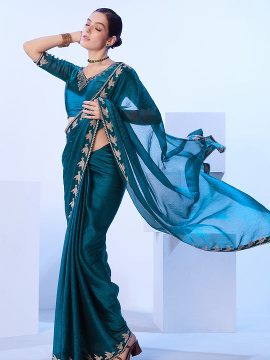 Teal Embellished Beads And Stones Organza Designer Saree
