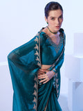 Teal Embellished Beads And Stones Organza Designer Saree