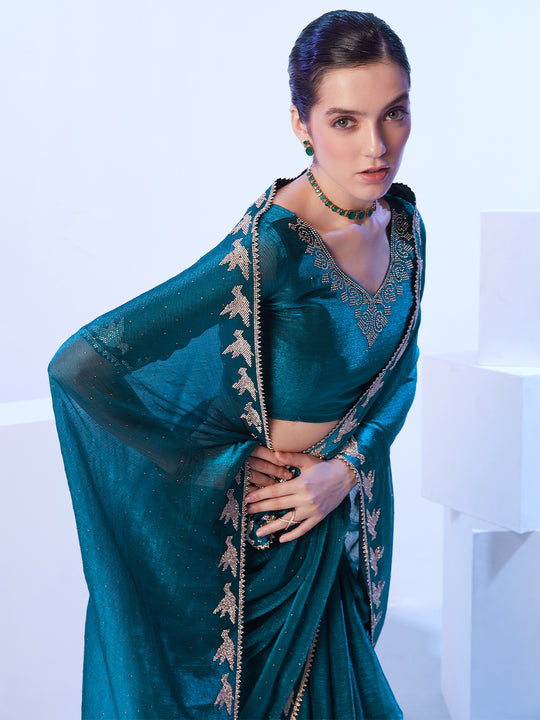 Teal Embellished Beads And Stones Organza Designer Saree