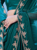 Teal Embellished Beads And Stones Organza Designer Saree