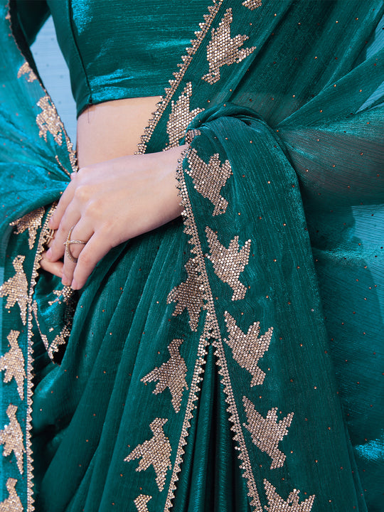 Teal Embellished Beads And Stones Organza Designer Saree