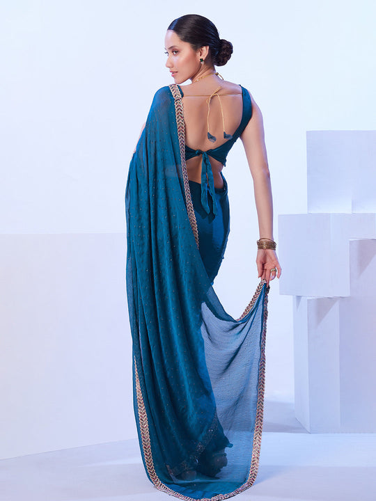 Blue Satin Chiffon With Designer Lace And Unstitched Blouse