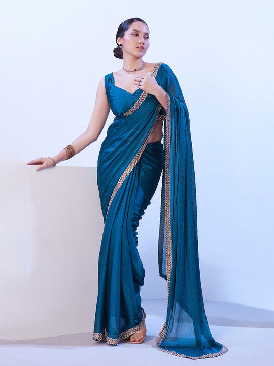 Blue Satin Chiffon With Designer Lace And Unstitched Blouse