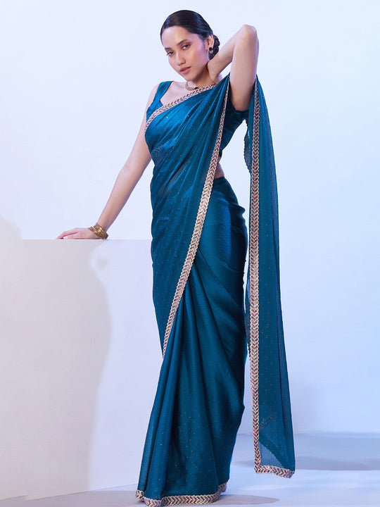 Blue Satin Chiffon With Designer Lace And Unstitched Blouse