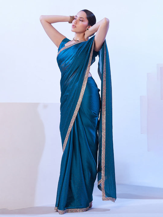 Blue Satin Chiffon With Designer Lace And Unstitched Blouse