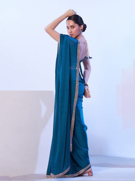 Blue Satin Chiffon With Designer Lace And Unstitched Blouse