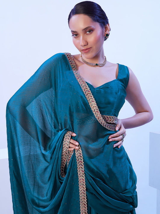 Blue Satin Chiffon With Designer Lace And Unstitched Blouse