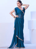 Blue Satin Chiffon With Designer Lace And Unstitched Blouse