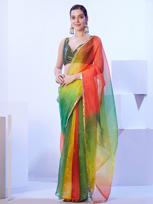 Multicolor Ombre Mirror Work Lace Saree