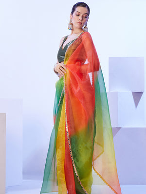 Multicolor Ombre Mirror Work Lace Saree
