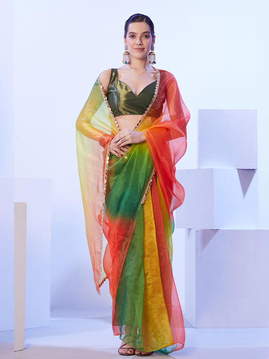 Multicolor Ombre Mirror Work Lace Saree
