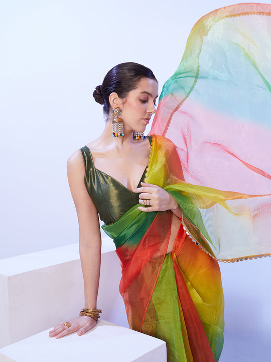 Multicolor Ombre Mirror Work Lace Saree