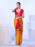 Red & Orange Satin Moss Color blocked Designer Saree With Unstitched Blouse