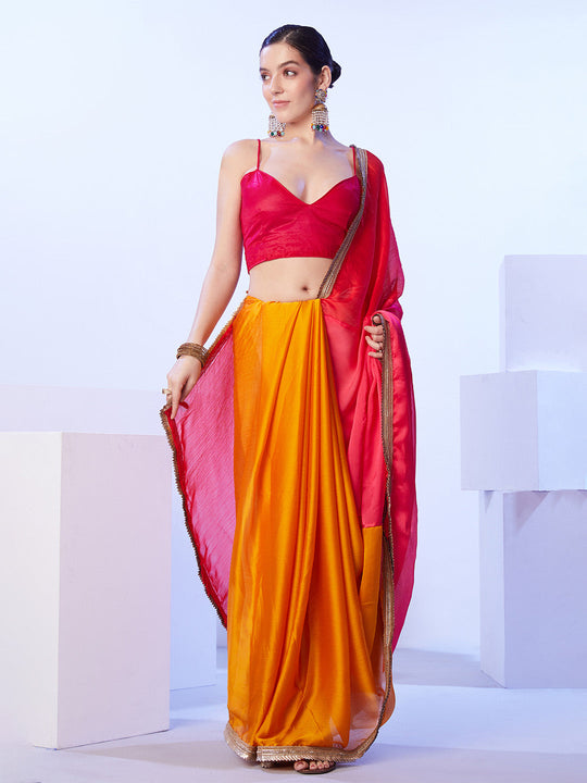 Red & Orange Satin Moss Color blocked Designer Saree With Unstitched Blouse