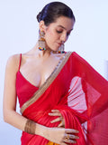 Red & Orange Satin Moss Color blocked Designer Saree With Unstitched Blouse