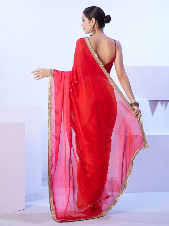 Red & Orange Satin Moss Color blocked Designer Saree With Unstitched Blouse