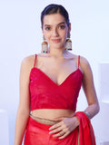 Red & Orange Satin Moss Color blocked Designer Saree With Unstitched Blouse