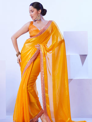 Yellow Embroidered Lace Satin Saree