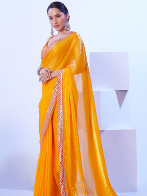 Yellow Embroidered Lace Satin Saree