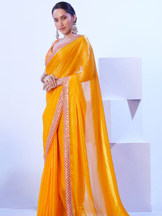 Yellow Embroidered Lace Satin Saree