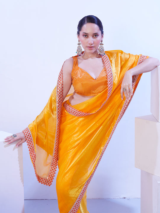 Yellow Embroidered Lace Satin Saree